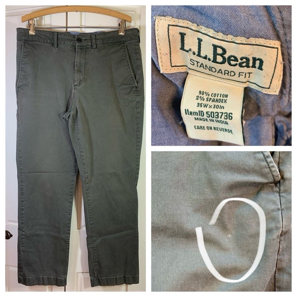 LL Bean Standard Fit Pants Slacks Mens Size 35x30 Khaki Green Basic Dad Classic